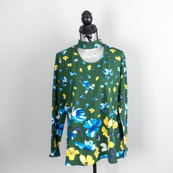 NWT Isaac Mizrahi  Floral Choker-Cutout Top - Large - Picture 1 of 4